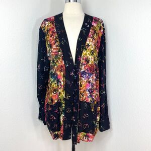 Vintage Flamingo Tye Dye Rayon Open Cardigan Top Medium Gypsy Magic Symbols Y2K